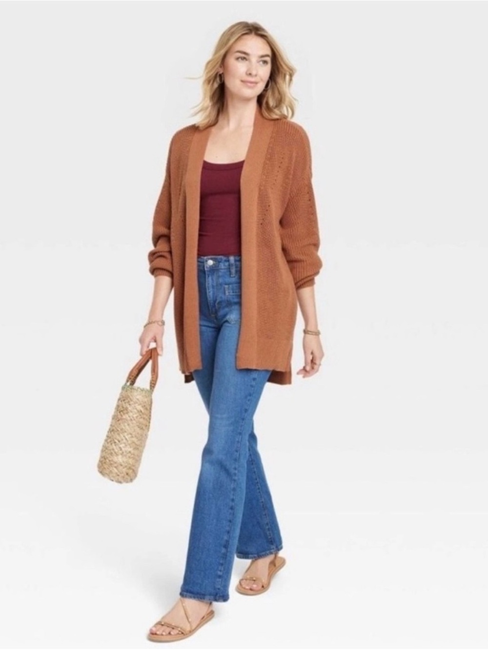New Universal Thread Oversized Open-Front Rust Knit Cardigan Sweater